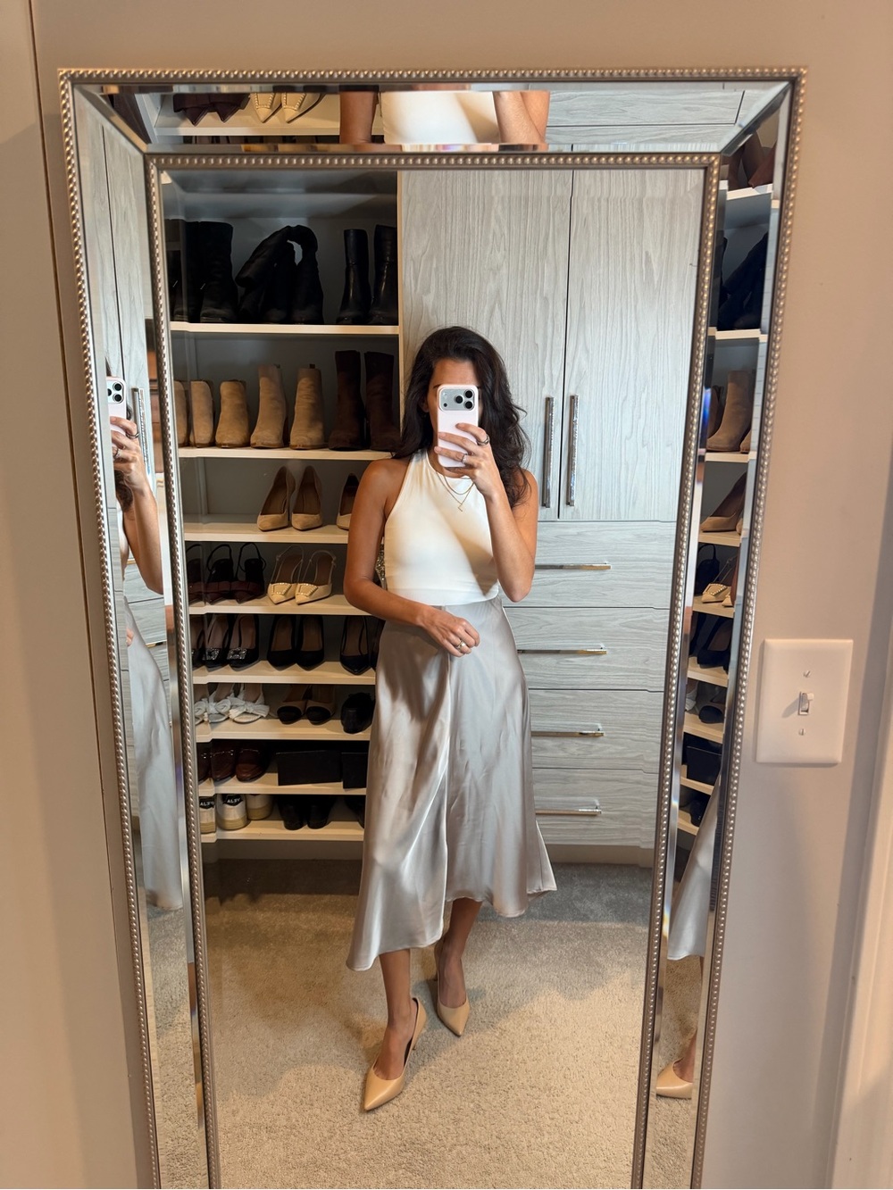 Satin Midi Skirt in Silver